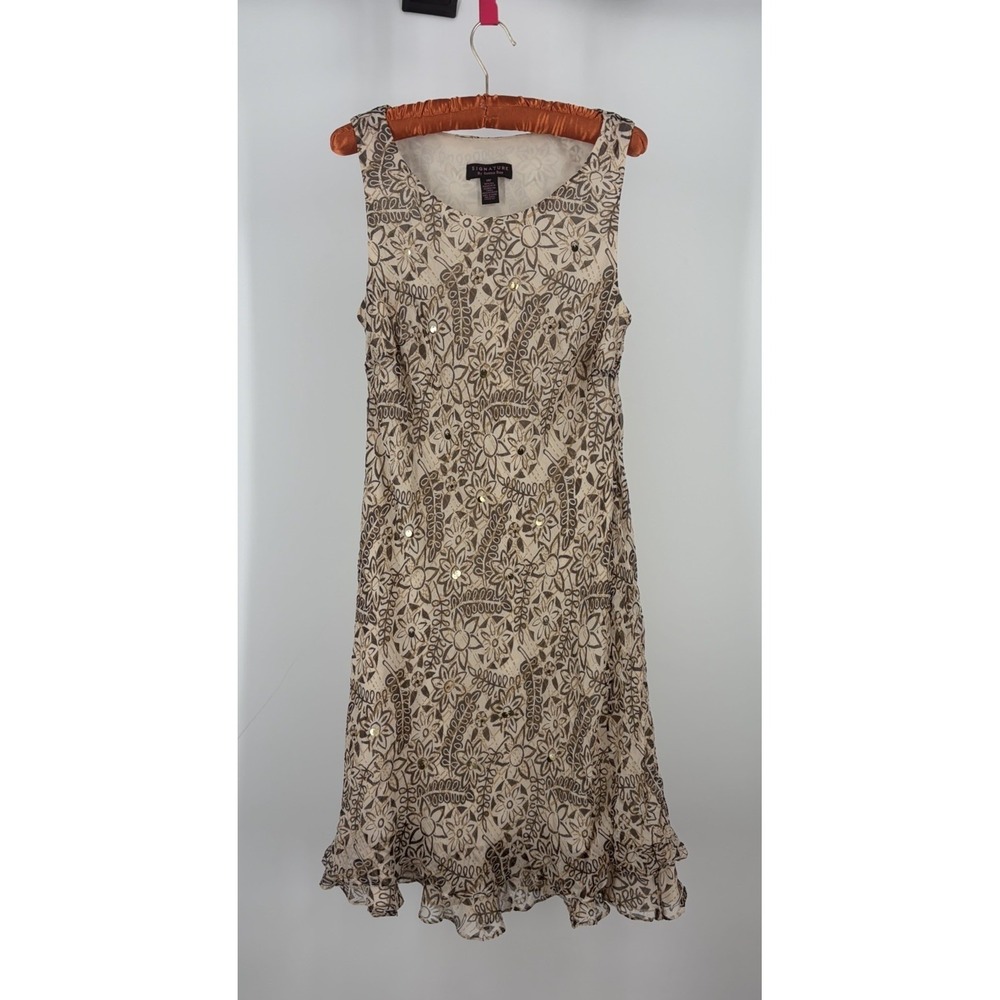 VTG Boho Silk Floral Sequin Dress Cottagecore Romantic Sleeveless Ruffle Hem 14P